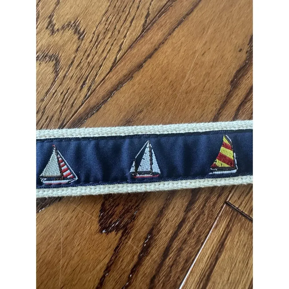 Sailboats Nautical Leather Tip Belt Mens 30 Khaki Web Brass Buckle Embroidered